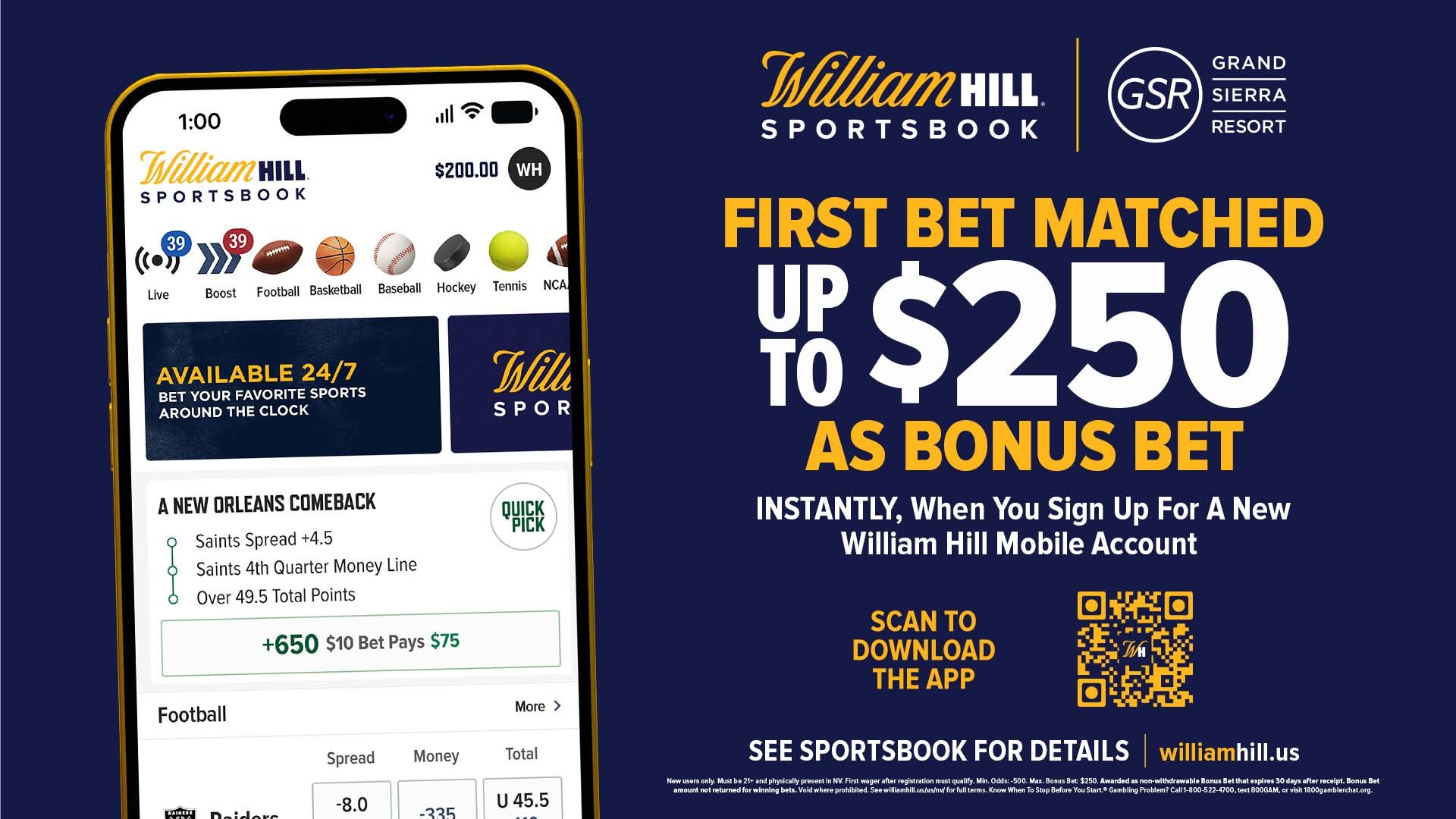 William Hill Sportsbook promotion for First Bet Match.
