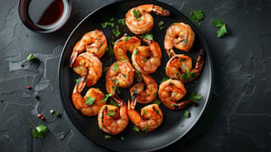 A skillet of cooked shrimp.