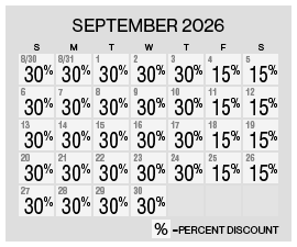 Image of discount rate calendar for Grand Sierra Resort Summer Resort Getaway Sale in September 2026.