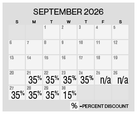 Image of discount rate calendar for Grand Sierra Resort Year-End Flash Sale in September 2026.