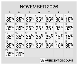 Image of discount rate calendar for Grand Sierra Resort Year-End Flash Sale in November 2026.