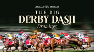 An image of horses racings at the race track with promotion text, The Big Derby Dash Drawings.